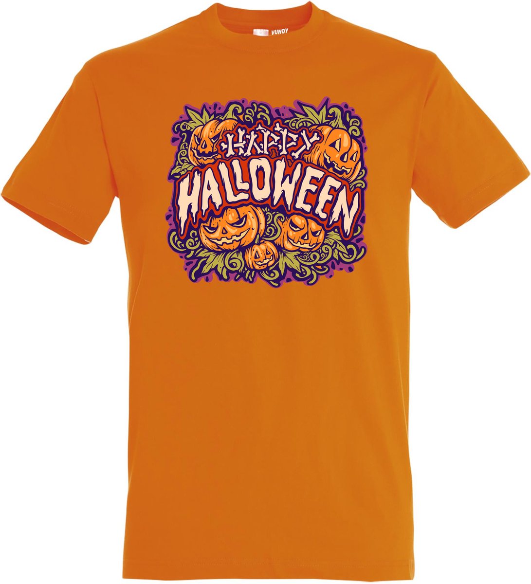 T-shirt kinderen Happy Halloween pompoen | Halloween kostuum kind dames heren | verkleedkleren meisje jongen | Oranje | maat 152
